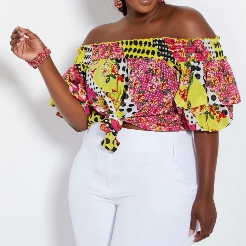 Mixed Print Off-The-Shoulder Crop Top